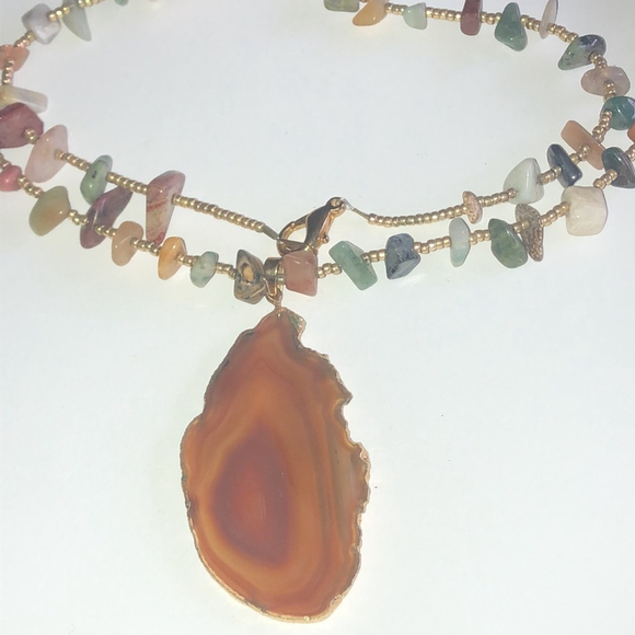 Vintage Druzy Orange Agate Stone Pendant Semi Precious Stones Beaded Necklace - Picture 3 of 6